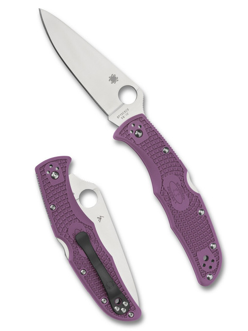 Spyderco Endura 4 folding knife with thumb hole - shown open presentation side and closed pocket clip side.  Satin VG-10 stainless steel plain edge blade.  Purple FRN handle.  Model C10FPPR.