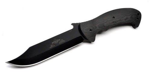 Emerson Knives EBX-1 BT fixed blade knife - shown out of sheath obverse.  Black 154CM stainless steel plain edge blade.  Black Richlite handle.  Model EBX-1-BT.
For reference only.