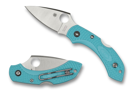 Spyderco Dragonfly 2 MGE Exclusive folding knife with thumb hole - shown open presentation side and closed pocket clip side.  Satin S30V stainless steel plain edge blade.  Teal FRN handle.  Model C28FPTL2.
For reference only.
