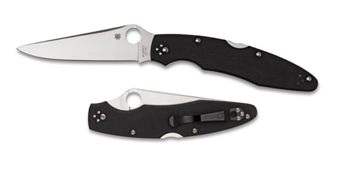 Spyderco Police 3 folding knife with thumb hole - shown both open presentation side and closed pocket clip side.  Satin VG-10 stainless steel plain edge blade.  Black G-10 handle.  Model C07GP3.
For reference only.