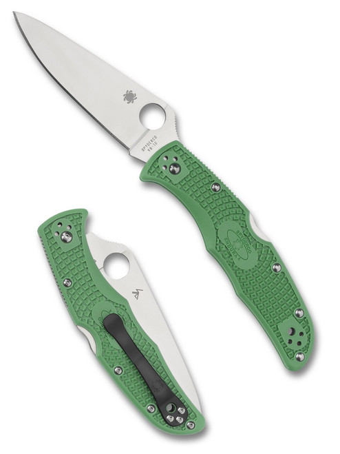 Spyderco Endura 4 folding knife with thumb hole - shown open presentation side and closed pocket clip side.  Satin VG-10 stainless steel plain edge blade.  Green FRN handle.  Model C10FPGR.