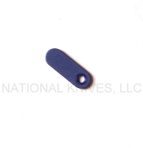 Rick Hinderer Knives 1-Hole Filler Tab - obverse.  Battle Blue titanium construction.  Model K0010001SWBL.