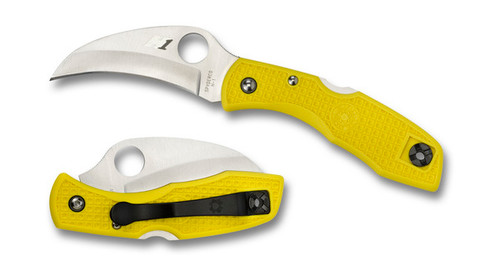 Spyderco Tasman Salt folding knife with thumb hole - shown open presentation side and closed pocket clip side.  Satin H-1 stainless steel plain edge blade.  Yellow FRN handle.  Model C106PYL.
For reference only.
