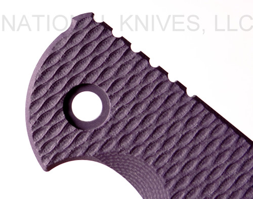 Rick Hinderer Knives XM-18 3.0" Textured G-10 handle scale - close up of pivot hole obverse shown.  Purple color.