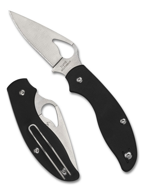 Byrd Knives Tern Slipit folding knife with thumb slot - shown both open presentation side and closed pocket clip side.  Satin 8Cr13MoV stainless steel plain edge blade.  Black G-10 handle.  Model BY23GP.