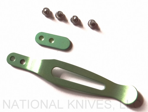 Rick Hinderer Knives Pocket Clip and Filler Tab Set with screws- obverse. Stonewash green titanium construction.  Model K0020101GR.