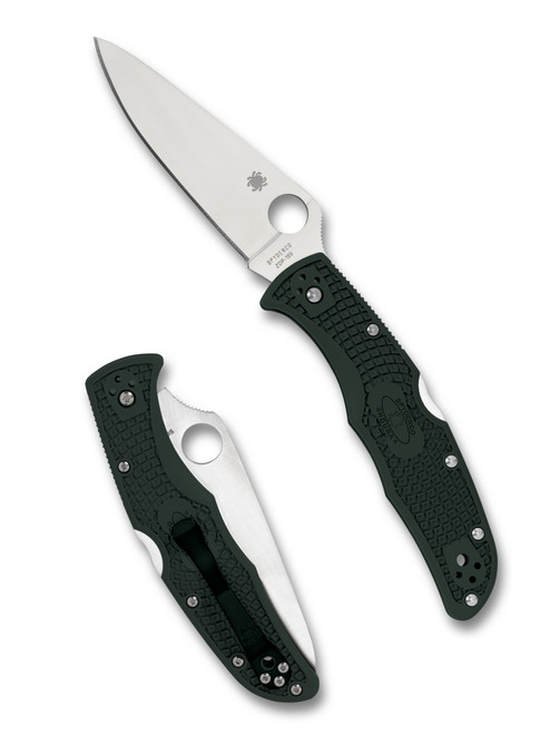 Spyderco Endura 4 folding knife with thumb hole - shown open presentation side and closed pocket clip side.  Satin ZDP-189 steel plain edge blade.  British Racing Green FRN handle.  Model C10PGRE.
For reference only.

