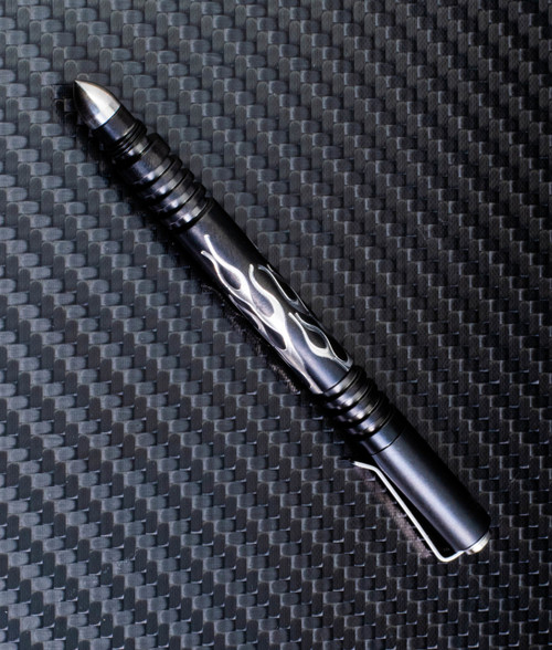 Rick Hinderer Knives Investigator ink pen - shown with cap on.  Flames stonewash black stainless steel construction.  Model P5801F02SB.
