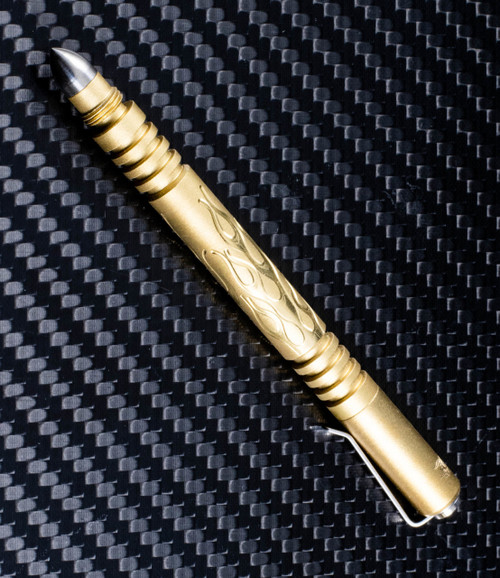 Rick Hinderer Knives Investigator ink pen - shown with cap on.  Flames bead blasted brass construction.  Model P5801F0500.
