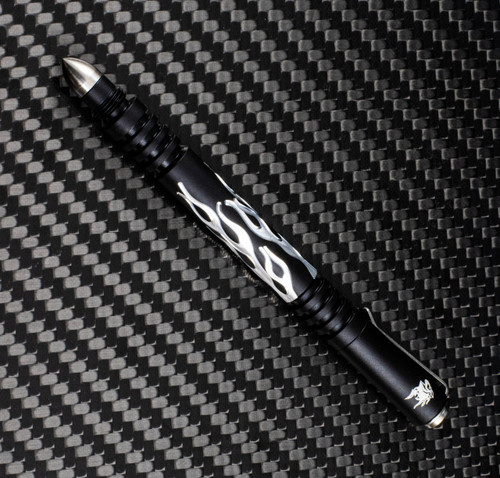 Rick Hinderer Knives Investigator ink pen - shown with cap on.  Flames matte black aluminum construction.  Model P5801FA4BKA.
