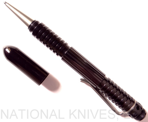 Rick Hinderer Knives Extreme Duty ink pen - shown with cap off.  Polished black aluminum construction.  Model P58020A4BKP.
For reference only.
