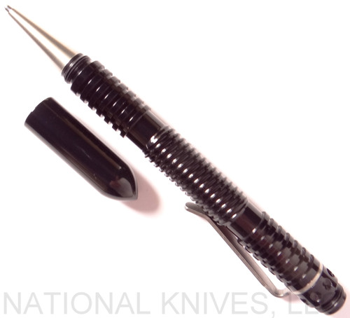 Rick Hinderer Knives Extreme Duty ink pen - shown with cap off.  Spiral polished black aluminum construction.  Model P58022A4BK.