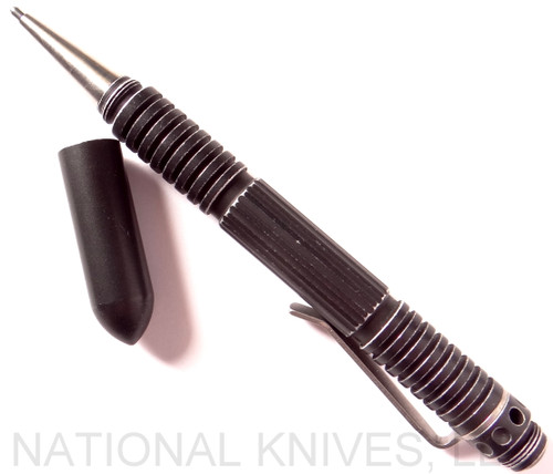 Rick Hinderer Knives Extreme Duty ink pen - shown with cap off.  Battled Black aluminum construction.  Model P58020A4BKAB.
