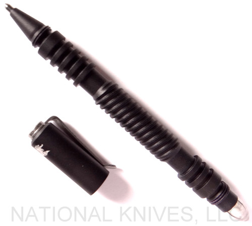 Rick Hinderer Knives Investigator ink pen - shown with cap off.  Spiral matte black aluminum construction.  Model P58012A4BKA.
