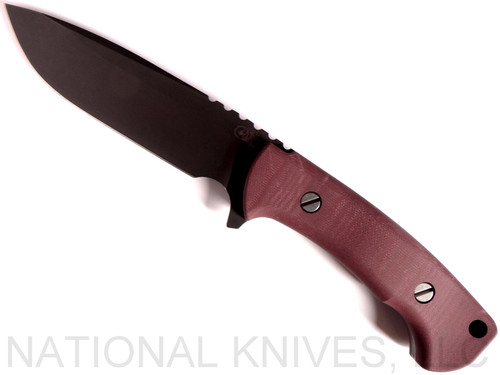 Rick Hinderer Knives The Ranch Drop Point fixed blade knife - shown out of sheath reverse.  Battle Black 3V steel plain edge blade.  Burgundy Micarta handle.  Model K605R35MDB. 