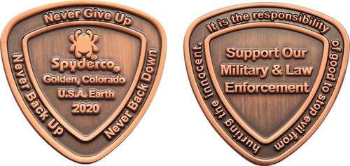 Spyderco 2020 Challenge Coin - both obverse and reverse shown.  Antique Copper finish.  Model COIN2020.
For reference only.