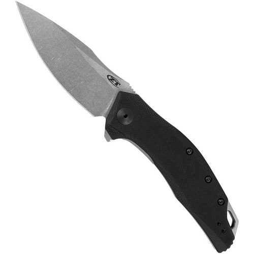 Zero Tolerance 0357 assisted opening folding knife with flipper tab - shown open presentation side.  Working Finish 20CV stainless steel plain edge blade.  Black G-10 handle.  Model 0357.
