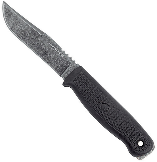 Condor Tool and Knife Bushglider fixed blade knife - shown out of sheath reverse.  1095 steel plain edge blade.  Black Polypropylene handle.  Model CTK3950-4.2HC.