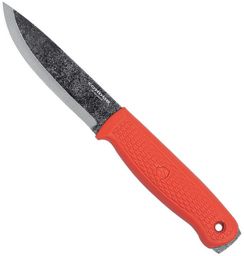 Condor Tool and Knife Terrasaur fixed blade knife - shown out of sheath reverse.  1095 steel plain edge blade.  Orange Polypropylene handle.  Model CTK3947-4.1.
