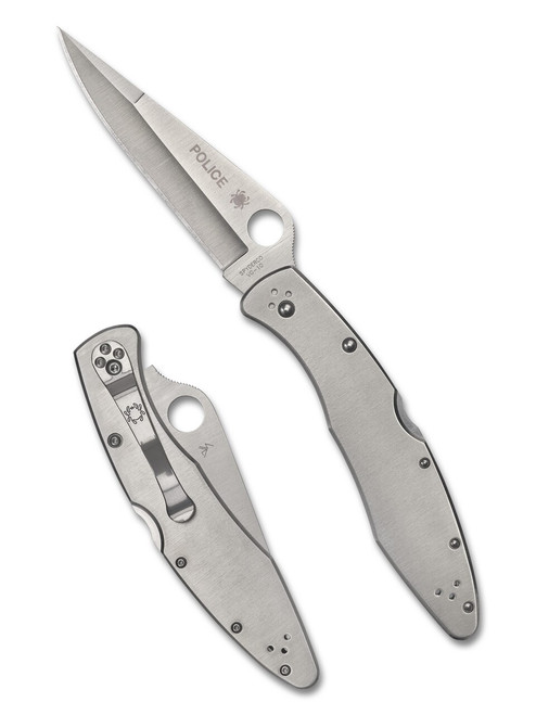 Spyderco Police folding knife with thumb hole - shown both open presentation side and closed pocket clip side.  Satin VG-10 stainless steel plain edge blade.  Stainless steel handle.  Model C07P.