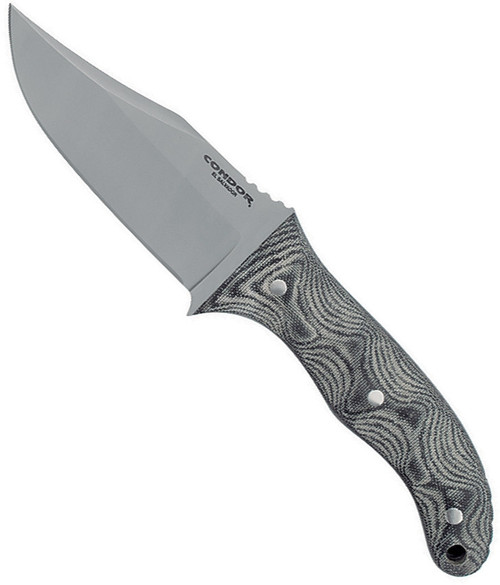 Condor Tool and Knife Little Bowie fixed blade knife - shown out of sheath reverse.  1075 HC steel plain edge blade.  Gray Micarta handle.  Model CTK1821-4.5HC.