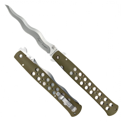 Cold Steel Lynn Thompson Ti-Lite folding knife with thumb stud - shown both open and closed - two views.  440C stainless steel plain edge blade.  Green Zy-Ex handle.  Model 26SY6.
For reference only.