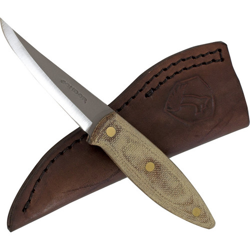 Condor Tool and Knife Canyon Carver fixed blade knife - shown out of sheath reverse.  1075 HC steel plain edge blade.  Natural Micarta handle.  Model CTK2802-2.75HC.
For reference only.
