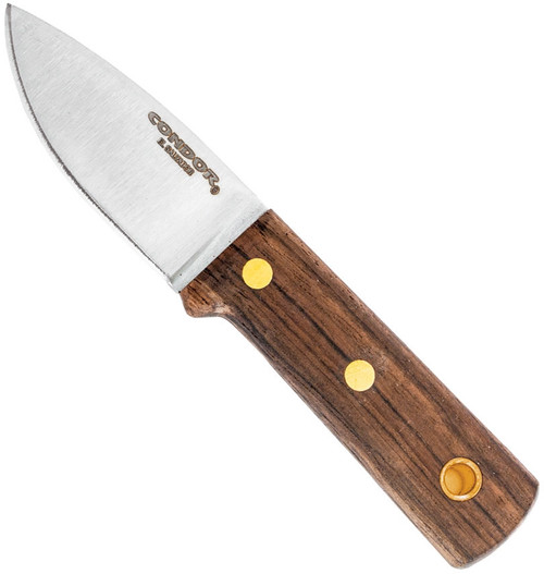 Condor Tool and Knife Compact Kephart fixed blade knife - shown out of sheath reverse.  1095 HC steel plain edge blade.  Wood handle.  Model CTK3936-2.57HC.