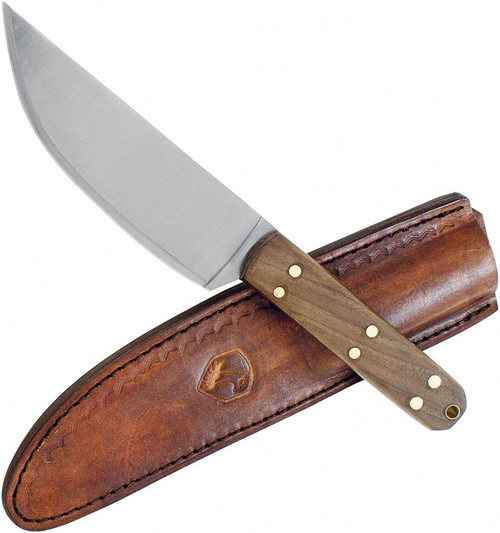 Condor Tool and Knife Scalper fixed blade knife - shown out of sheath reverse with sheath in background.  1075 HC steel plain edge head.  Wood handle.  Model CTK2805-5.9.
For reference only.
