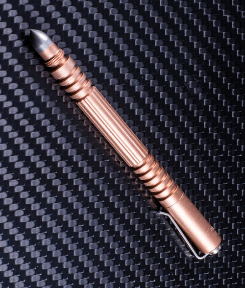Rick Hinderer Knives Investigator ink pen - shown with cap on.  Bead blast copper construction.  Model P5801006BB.
