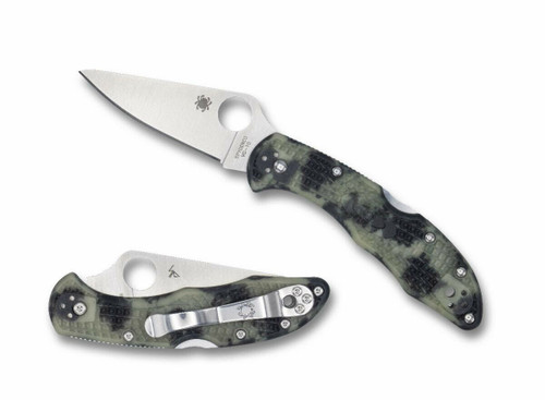 Spyderco Delica 4 SSI/Moteng Exclusive folding knife with thumb hole - shown open presentation side and closed pocket clip side.  Satin VG-10 stainless steel plain edge blade.  Glow in the Dark Zome FRN handle.  Model C11ZFPGITD.
For reference only.
