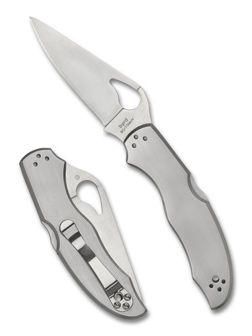Byrd Harrier 2 folding knife with thumb slot - shown both open presentation side and closed pocket clip side.  Satin 8Cr13MoV stainless steel plain edge blade.  Stainless steel handle.  Model BY01P2.
