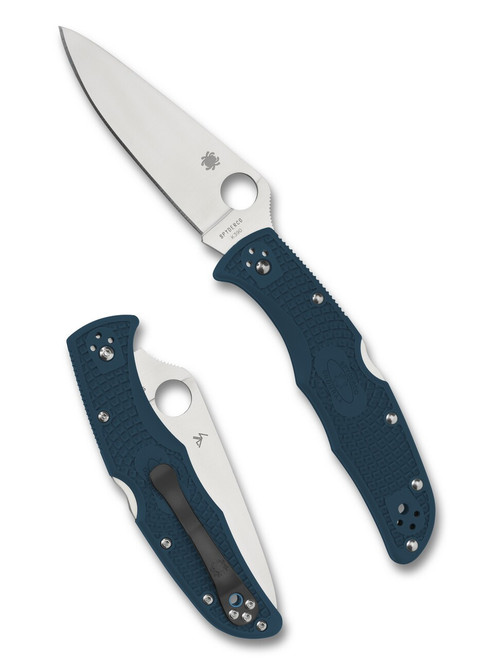 Spyderco Endura 4 folding knife with thumb hole - shown open presentation side and closed pocket clip side.  Satin K390 steel plain edge blade.  Blue FRN handle.  Model C10FPK390.