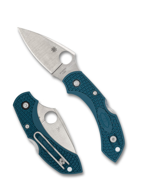 Spyderco Dragonfly 2 folding knife with thumb hole - shown open presentation side and closed pocket clip side.  Satin K390 steel plain edge blade.  Blue FRN handle.  Model C28FP2K390.