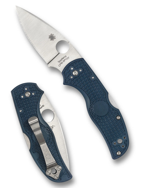Spyderco Native 5 folding knife with thumb hole - shown open presentation side and closed pocket clip side.  Satin SPY27 stainless steel plain edge blade.  Cobalt Blue FRN handle.  Model C41PCBL5.