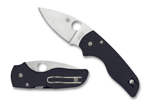 Spyderco Lil' Native Sprint Run folding knife with thumb hole - shown open presentation side and closed pocket clip side.  Satin S90V stainless steel plain edge blade.  Black carbon fiber handle.  Model C230CF90VP.
For reference only.