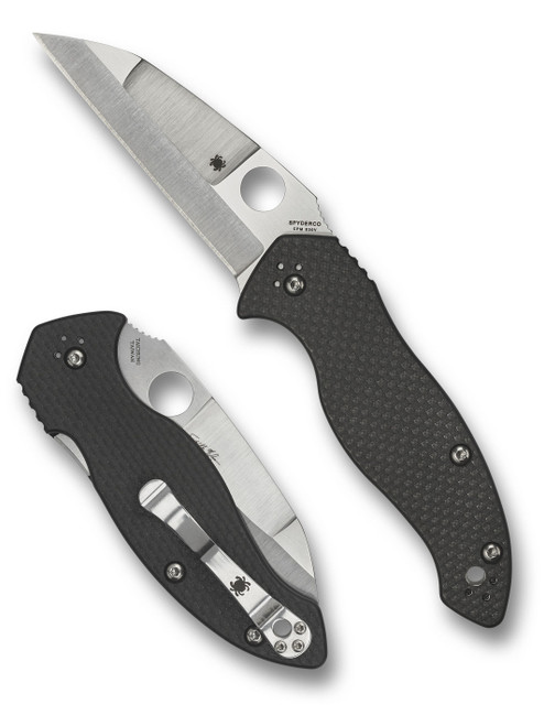 Spyderco Canis folding knife with thumb hole - shown open presentation side and closed pocket clip side.  Satin S30V stainless steel plain edge blade.  Black carbon fiber and G-10 laminate handle.  Model C248CFP.