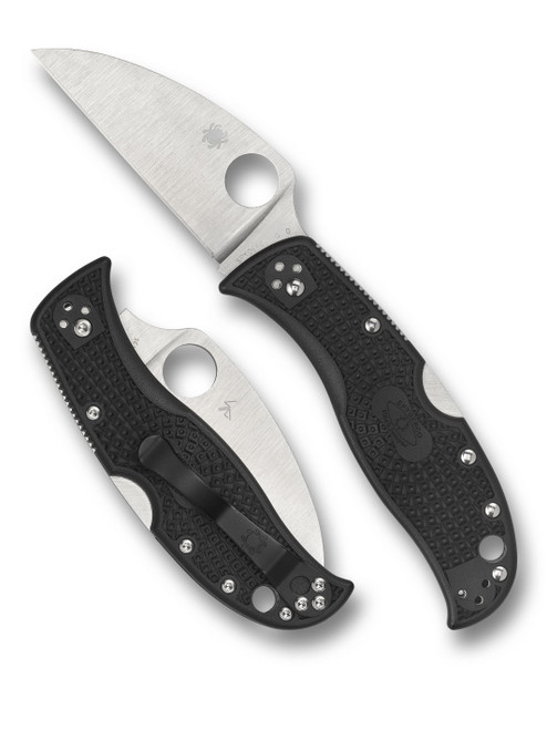 Spyderco Rockjumper folding knife with thumb hole - shown open presentation side and closed pocket clip side.  Satin VG-10 stainless steel plain edge blade.  Black FRN handle.  Model C254PBK.
For reference only.
