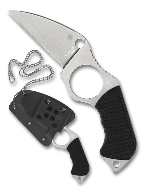 Spyderco Swick 5 Large fixed blade knife - shown out of sheath obverse and in sheath obverse.  Satin LC200N stainless steel plain edge blade.  Black G-10 handle.  Model FB14P5.