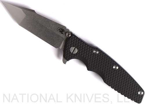Rick Hinderer Knives Eklipse Harpoon Tanto folding knife with thumb stud and flipper tab - shown open presentation side.  Stonewash 20CV stainless steel plain edge blade.  Black G-10 handle with stonewash blue lock side.  Model K4054SGS00.