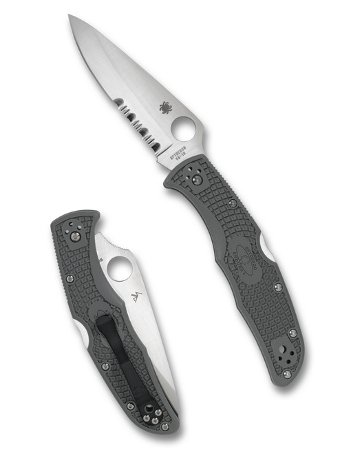 Spyderco Endura 4 folding knife with thumb hole - shown open presentation side and closed pocket clip side.  Satin VG-10 stainless steel combo edge blade.  Foliage Green FRN handle.  Model C10PSFG.