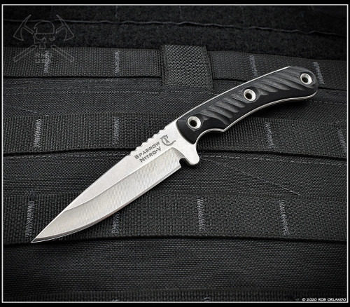 RMJ Tactical Sparrow fixed blade knife - shown out of sheath reverse.  Stonewash Nitro-V stainless steel plain edge blade.  Black G-10 handle.
For reference only.