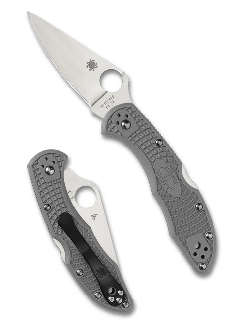 Spyderco Delica 4 folding knife with thumb hole - shown open presentation side and closed pocket clip side.  Satin VG-10 stainless steel plain edge blade.  Gray FRN handle.  Model C11FPGY.