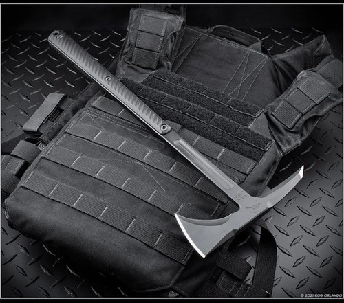 RMJ Tactical Eagle Talon tomahawk - shown out of sheath reverse.  Black Cerakote 80CRV2 steel plain edge head.  Black G-10 handle.