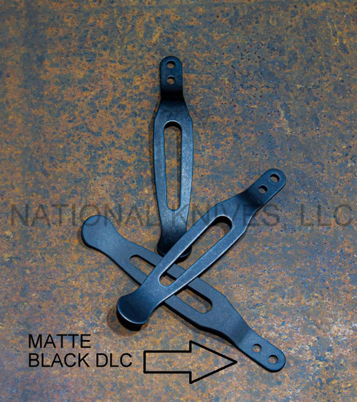 Rick Hinderer Knives Pocket Clip and Filler Tab Set with screws- Pocket Clip obverse only with 2 other clips. Matte Black DLC titanium construction.  Model K0020101NB.