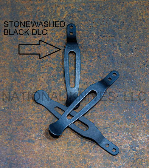 Rick Hinderer Knives Pocket Clip and Filler Tab Set with screws- Pocket Clip obverse only with 2 other clips. Stonewash black DLC titanium construction.  Model K0020101SB.