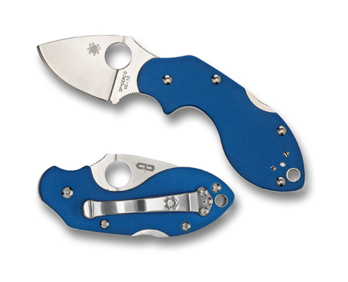 Spyderco Lava Sprint Run folding knife with thumb hole - shown open presentation side and closed pocket clip side.  Satin VG-10 stainless steel plain edge blade.  Blue G-10 handle Model C110GPBL.
For reference only.

