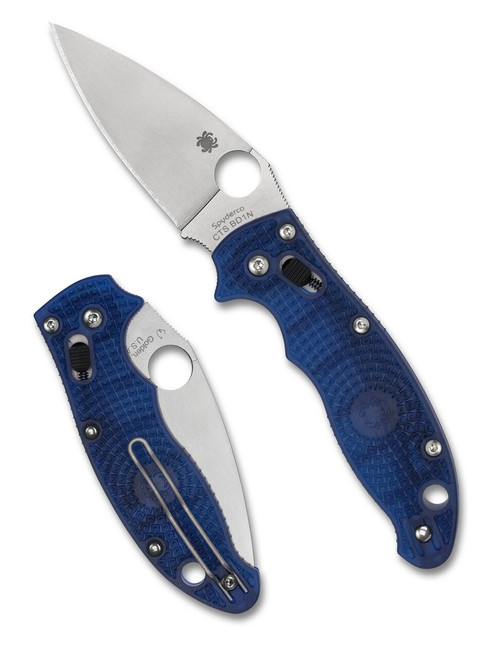 Spyderco Manix 2 Lightweight folding knife with thumb hole - shown both open presentation side and closed pocket clip side.  CTS-BD1N stainless steel plain edge blade.  Blue FRCP handle.  Model C101PBL2.