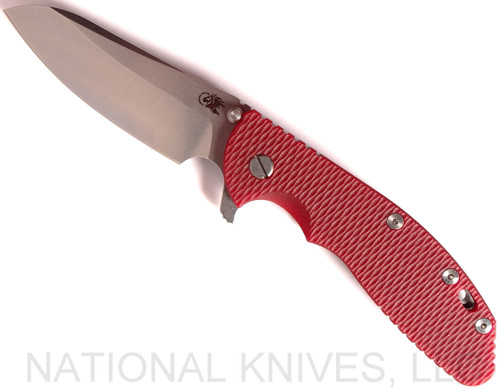 Rick Hinderer Knives XM-24 Sheepsfoot folding knife with thumb stud and flipper tab - shown open presentation side.  Stonewash 20CV stainless steel plain edge blade.  Red G-10 handle with stonewash lock side.  Model K3073SGS00.
