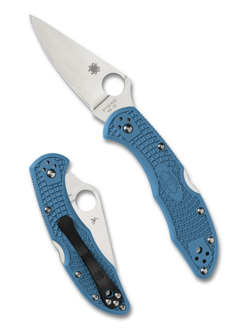 Spyderco Delica 4 folding knife with thumb hole - shown open presentation side and closed pocket clip side.  Satin VG-10 stainless steel plain edge blade.  Blue FRN handle.  Model C11FPBL.